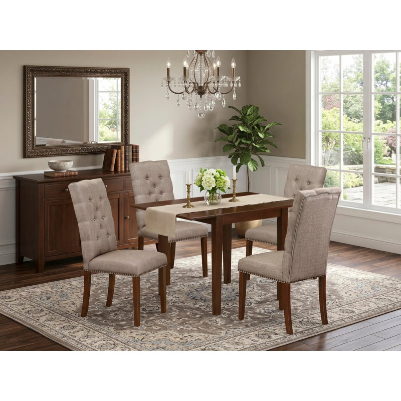 Ensemble de salle à manger en bois d'hévéa massif Halfon Drop Leaf, Acajou, Kaki foncé, 5 pièces : 1 table, 4 chaises