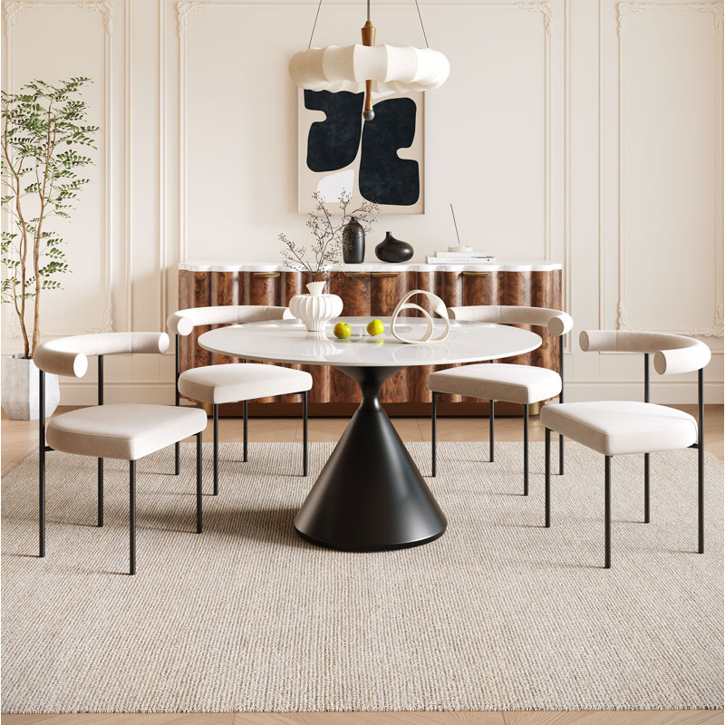 Table de salle à manger ronde en pierre frittée de 115 cm (45,2 po) pour 4 à 6 personnes, White Marble, Black