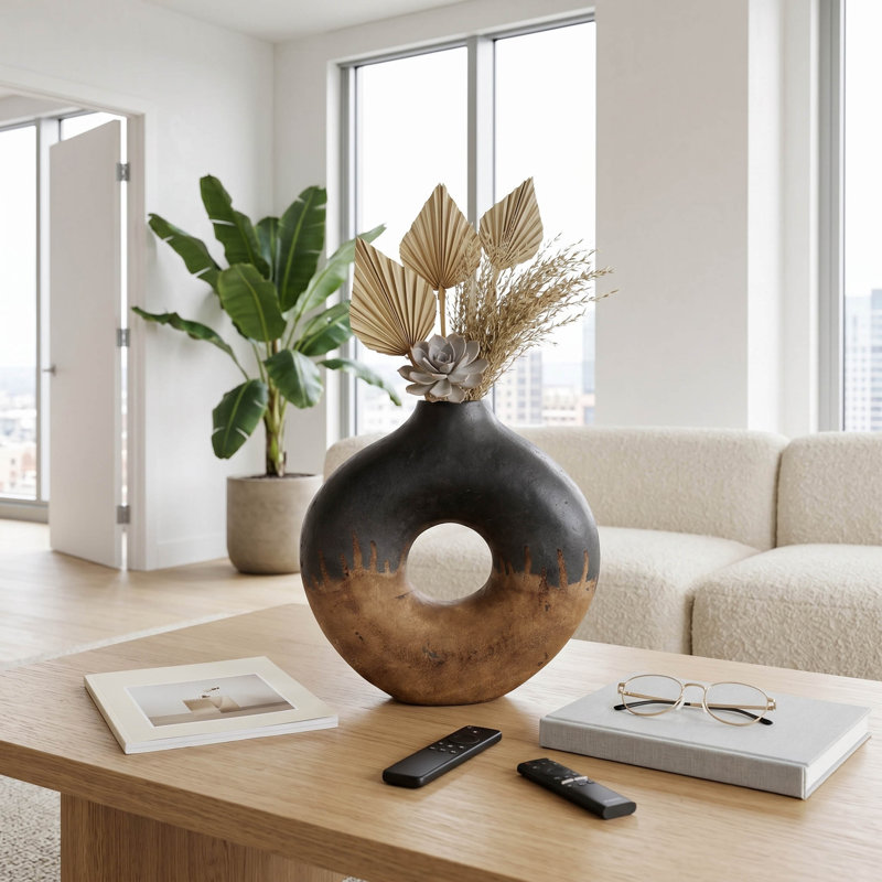 Vase de table ouvert en terre cuite sculpturale pour décoration intérieure - Grand vase décoratif pour salon ou entrée - Noir