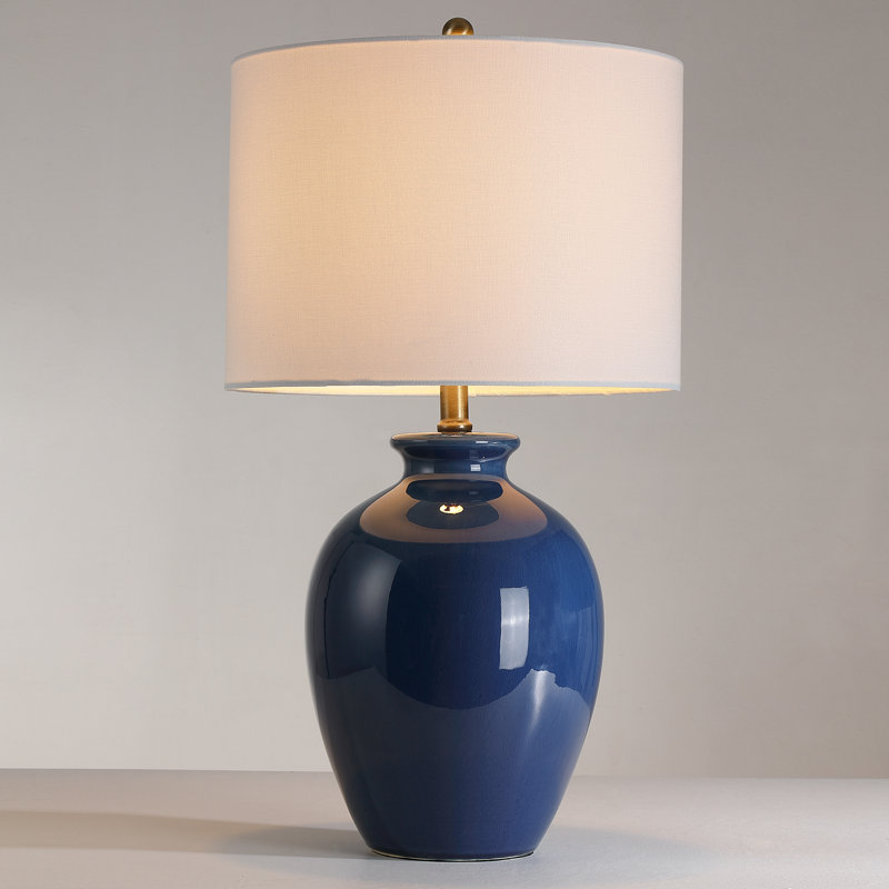 24,5 po Lampe de table en céramique bleue à 3 voies avec abat-jour tambour, Blue