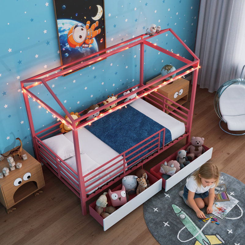 Lit pour maison rose, lit superposé simple avec toit et garde-corps, chambre à coucher avec cadre en métal, coffre-fort à basse hauteur, garde-corps sans sommier requis, espace de conception confortable, nécessaire