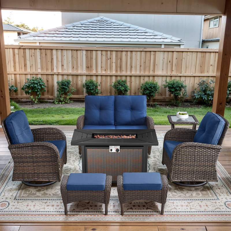 Aluel 7-Pieces Outdoor Patio Wicker Seating Group With Swivel & Rocking Chairs,Ottomans And Cushions, Blue