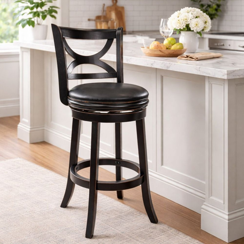 Adelaida Swivel Upholstered Faux Leather Counter Stool with Solid Wood Frame, Black Sandthru, Bar Stool (30" Seat Height)