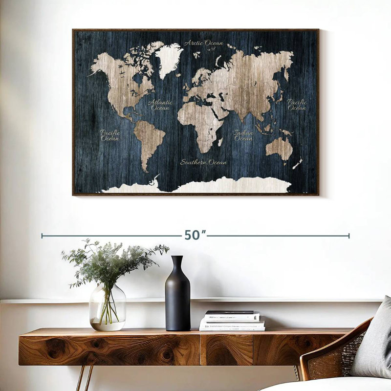 Carte du monde en bois vieilli, 40 po x 27 po, Cadre flottant en noyer