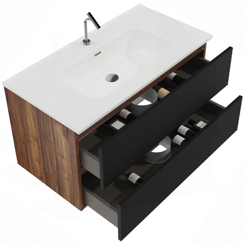 Meuble-lavabo mural avec lavabo intégré en céramique avec trop-plein, grand meuble-lavabo flottant de rangement pour salle de bain moderne, pré-assemblé