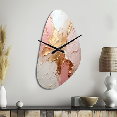Gold And Pink Paint Fusion - Abstract Painting Asymmetrical Metal Wall Clock, Modern Unique Shape Wall Clock Print