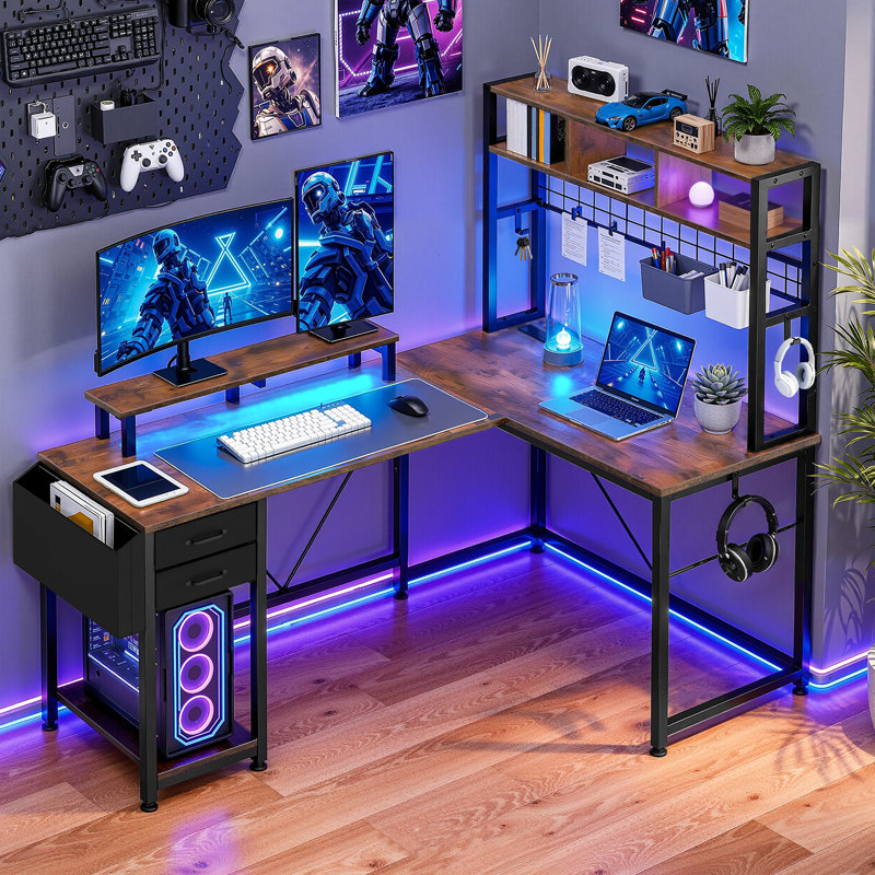 Metal Base Computer Desk with Power Outlet, Brown