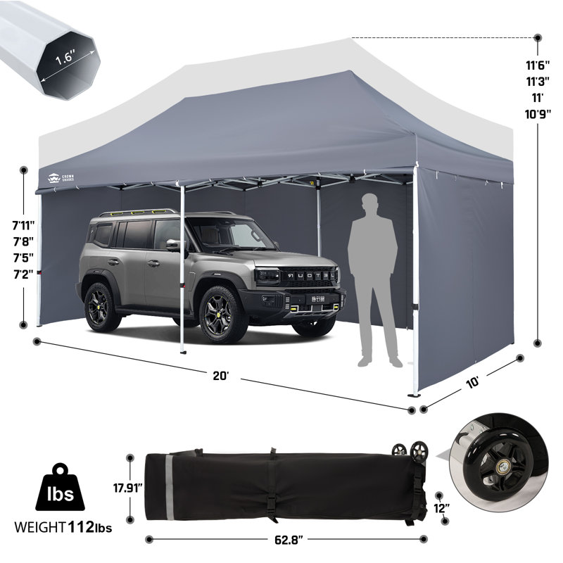 Commercial 20 Ft. W x 10 Ft. D Heavy Duty Pop Up Canopy Tent with 4 Sidewalls Gray, Gray