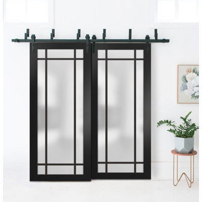 Sliding Closet Frosted Glass Barn Bypass Doors With Hardware | Planum 2112 | Sturdy 6.6Ft Rails Hardware Set | Modern Wood Solid Bedroom Wardrobe Doors-Frosted Glass