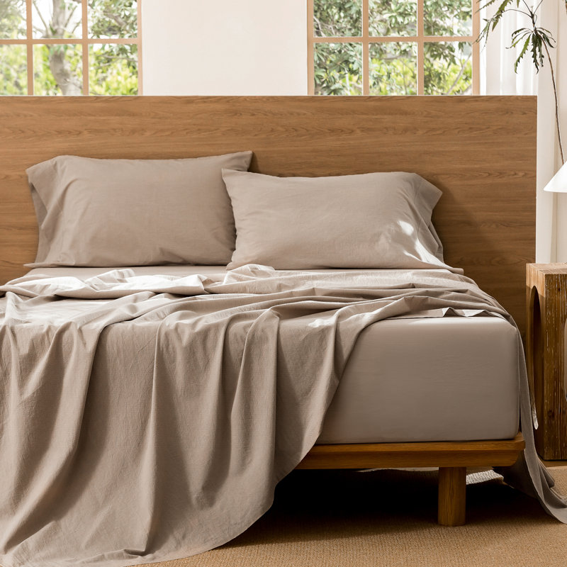100% Washed Cotton Sheet Set Extra Deep Pocket Linen Like Textured, King Sheet Set with 2 Pillowcases, Taupe