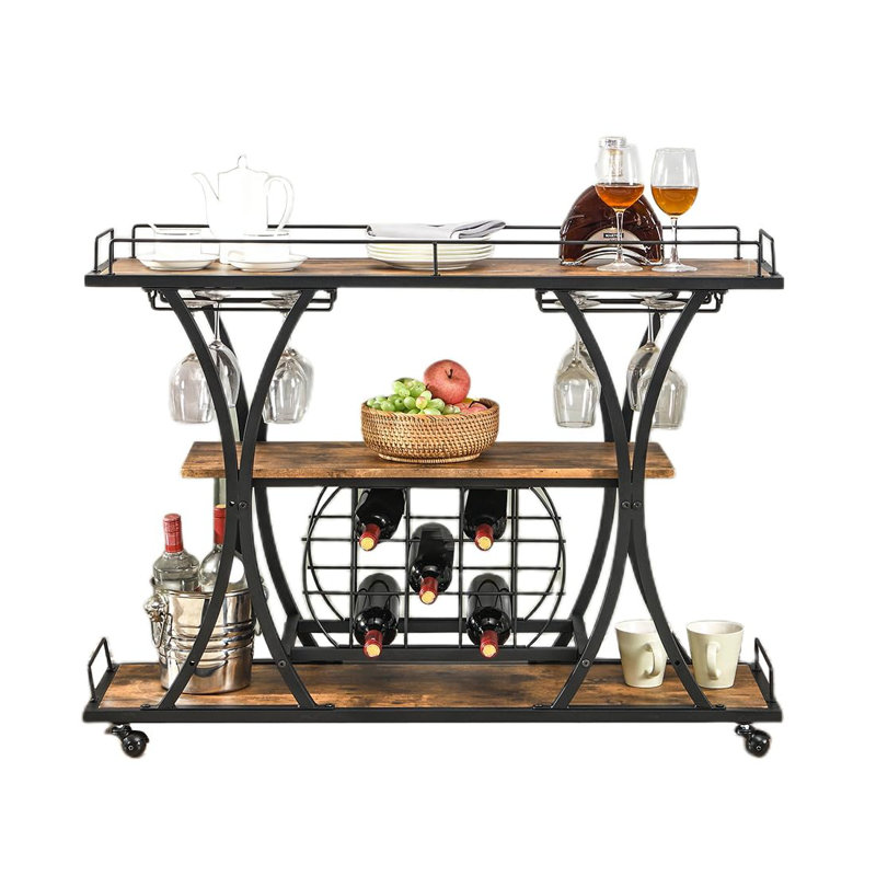 Support à vin sur pied avec porte-verres à vin, armoire à café à 3 niveaux pour la maison / cuisine / salon / salle à manger, brun antique
