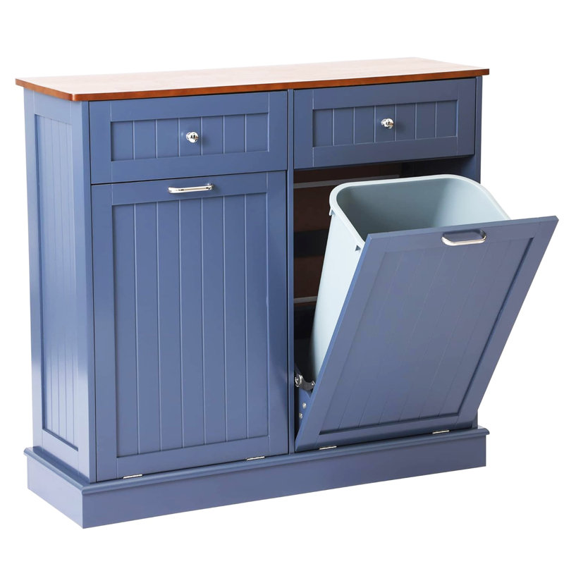Blue Double Tilt Out Trash Can Cabinet with Wood Top