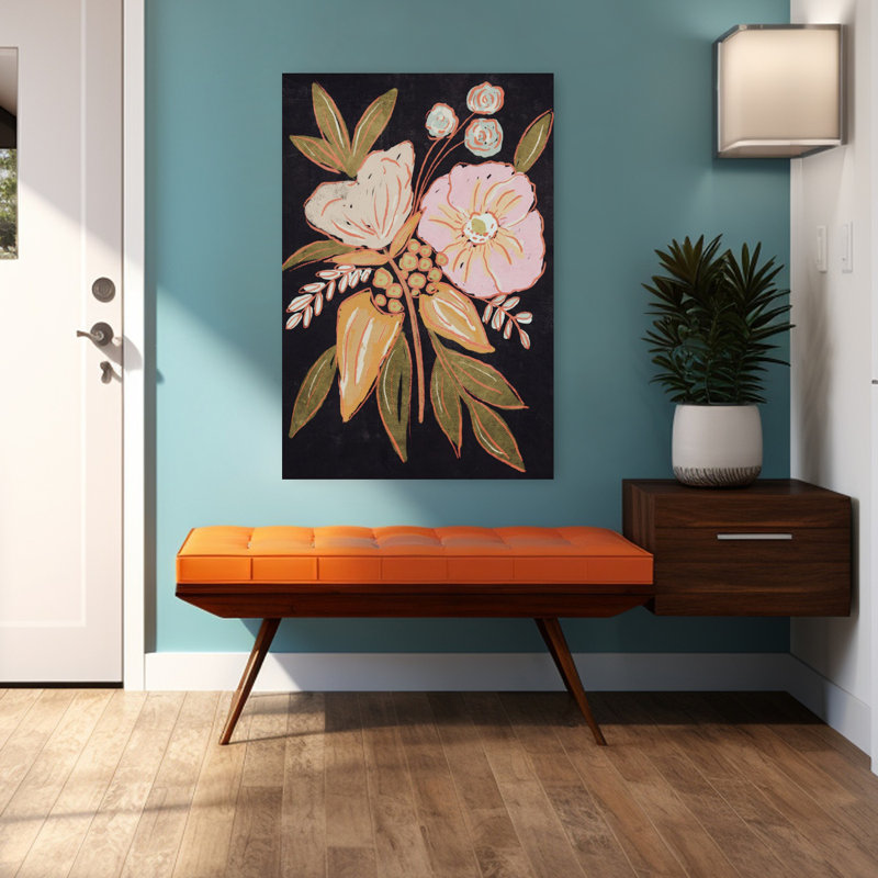 Art mural rétro moderne, floral et noir, 48" H x 32" W