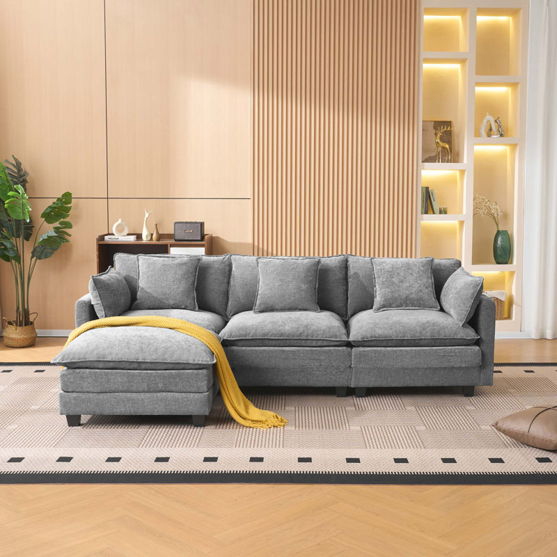 Canapé en L polyvalent avec repose-pieds mobile, Tissu - Gris
