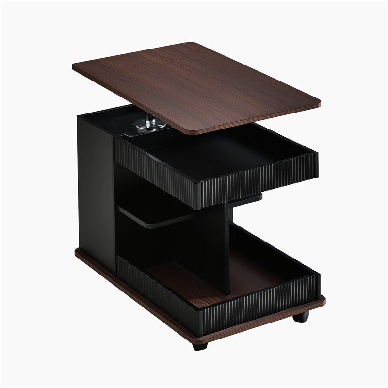 U-Can Adjustable End Table with Wheels, Modern Multifunctional Sofa Side Table with Lift-Top, 360°Rotating Top and Storage Space for Living Room, Small Space