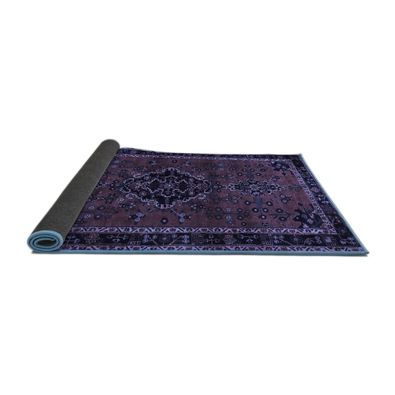 Tapis oriental en laine / polyester tissé à la machine en bleu / mauve, Carré 7 pi