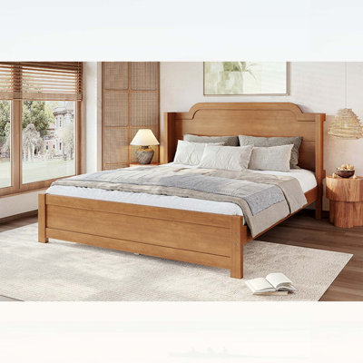 Grand lit plateforme en bois avec tête de lit, finition naturelle, design minimaliste, assemblage facile, aucun sommier tapissier requis