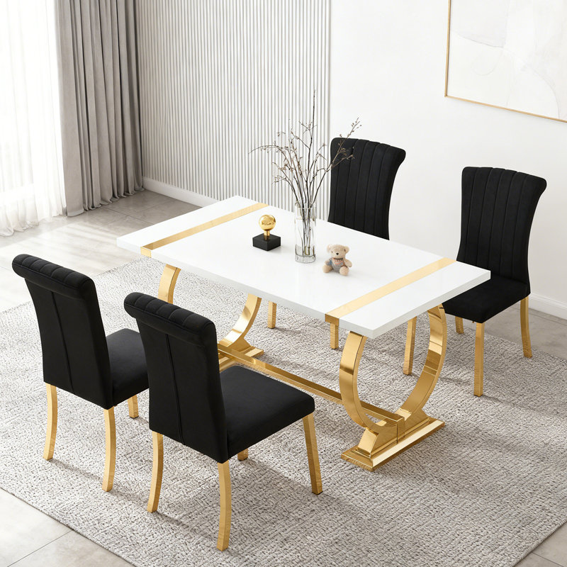 Modern 5-Piece 60"W Rectangular Dining Tabel Set for Kitchen Dining Room, Black/Gold, 30"H x 60"W x 31.5"D, Gold