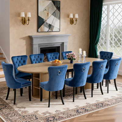 Ensemble de salle à manger ovale extensible 11 pièces pour 10 personnes avec base de rangement, table de cuisine marron style ferme, ensemble de 10 chaises en velours