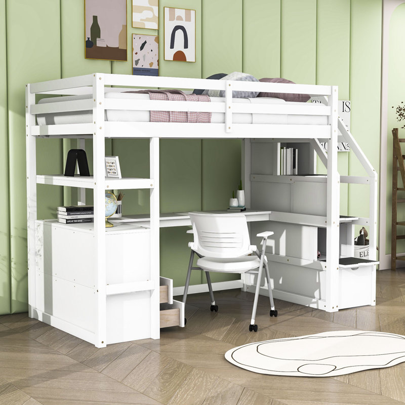 Lit mezzanine en bois avec bureau, tablettes et deux tiroirs Kaci, Simple, Blanc