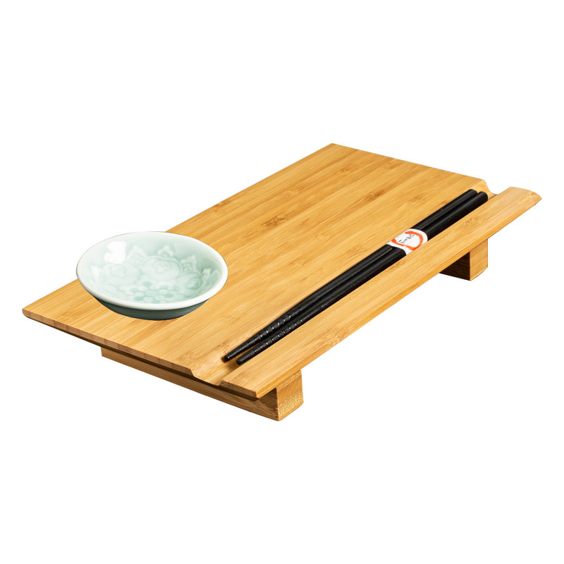 Burnished Bamboo Rectangular Sushi Board Set with Ceramic Dish