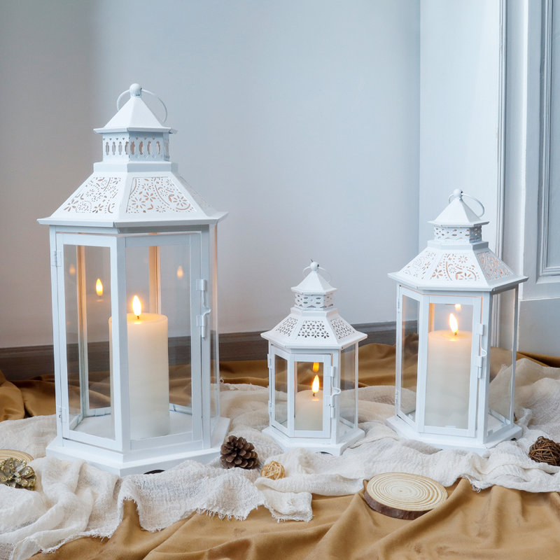 Set of 18'' H Hexagonal Decorative Hanging Lantern, White, 3