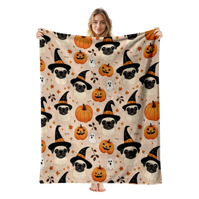 Plaid en flanelle polaire JYK pour l'Halloween, léger, respirant, doux et chaud en microfibre pelucheuse, 127 x 152 cm, motif carlin sorcière