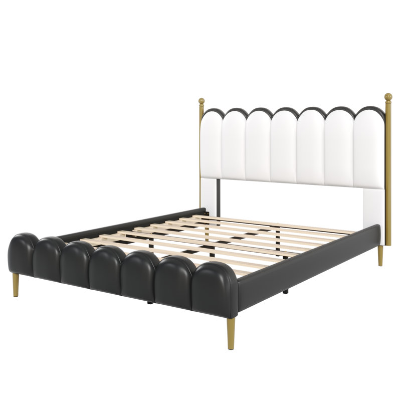Zechariah PU Leather Upholstered Platform Bed, White/Black, Queen
