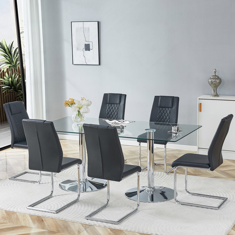 Ensemble de table et de chaises 7 pièces, table en verre trempé avec chaises pour la salle à manger, Argent