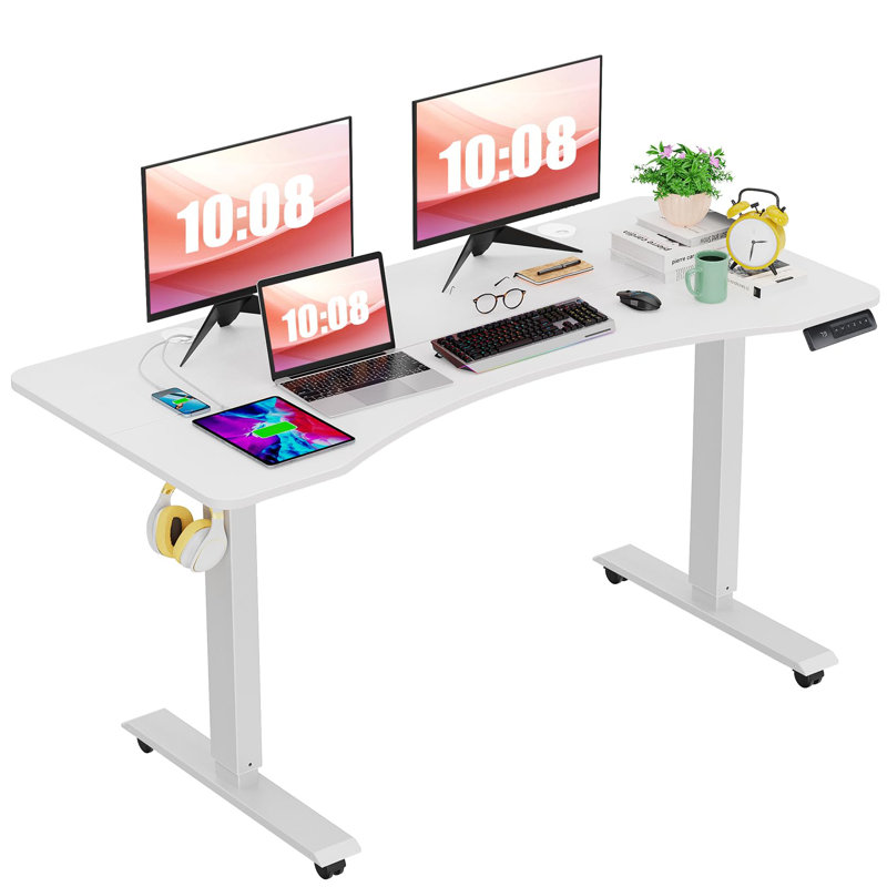 47'' Electric Height Adjustable Standing Desk Built-In Electrical Outlet With 4 Lockable Casters, 2 Hooks, White
