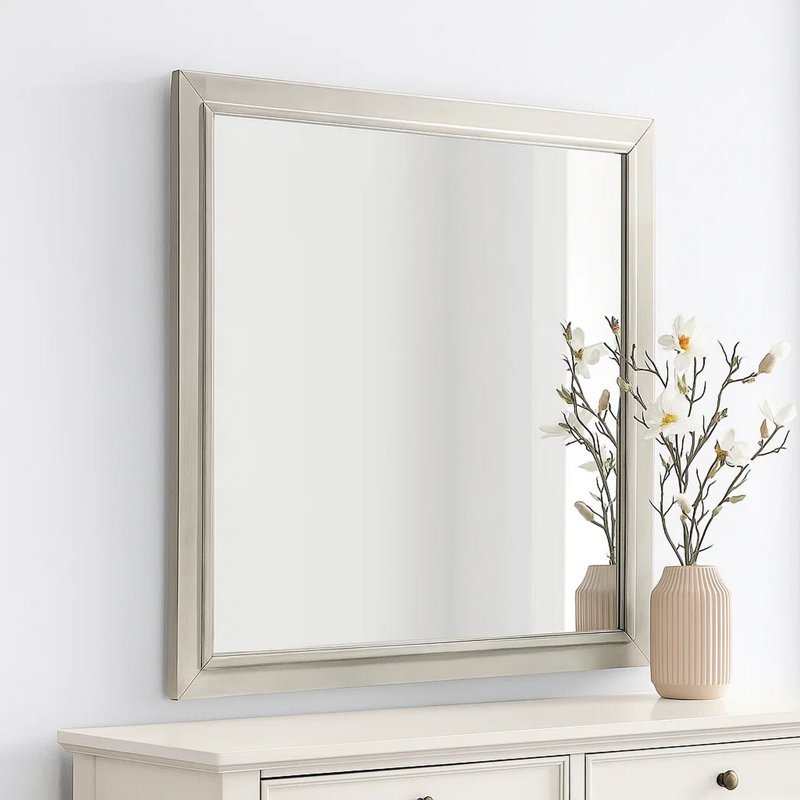 Miroir de commode, bois d'hévéa blanc antique subtil, carré 40 po