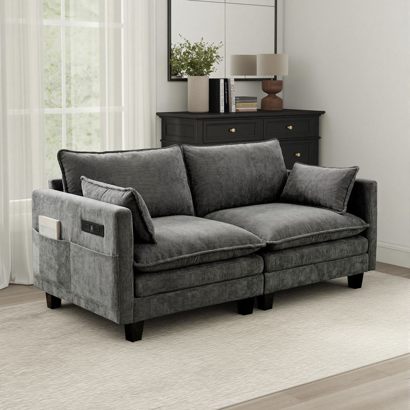 Canapé rembourré en chenille de 74 po avec deux ports de chargement USB pour salon, bureau et appartement, Gris
