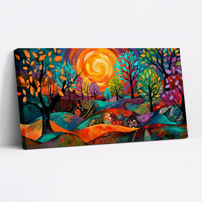 Colourful Abstract Landscape Canvas Wrapped Wall Art Oil Painting Print With Vibrant Trees And Swirling Sunlight For Living Room Or Bedroom Decor