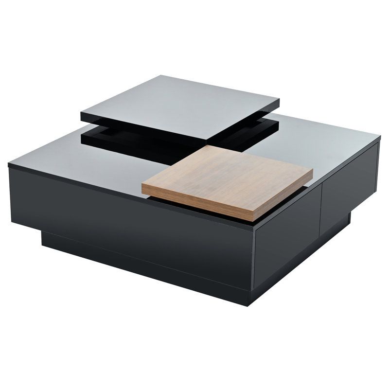Table basse à plateau mobile, table basse carrée moderne en bois avec finition ultrabrillante, 4 tiroirs de rangement cachés pour le salon