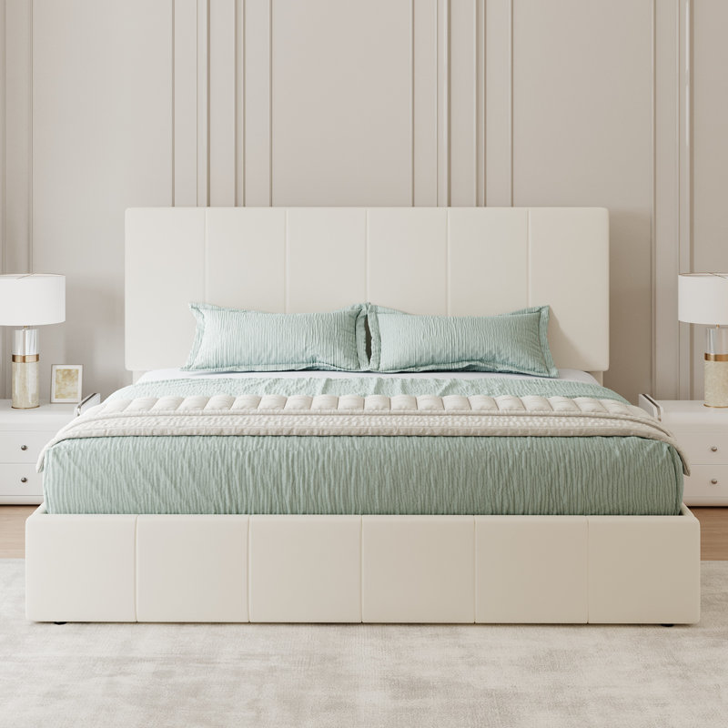 Lit plateforme entièrement rembourré, lit en velours moderne avec tête de lit capitonnée, conception sans poussière, Crème