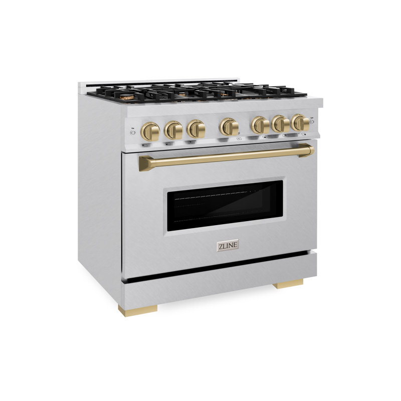 ZLINE Autograph Edition 36 in. 5.2 cu. ft. Classic Gas Range with 6 Burner Cooktop and Convection Gas Oven in Satin Stainless Steel and Accents