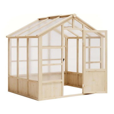 8×6 FT Outdoor Wooden Greenhouse with Cedar Wood Frame, Polycarbonate Panels, Adjustable Roof Vent & Lockable Door
