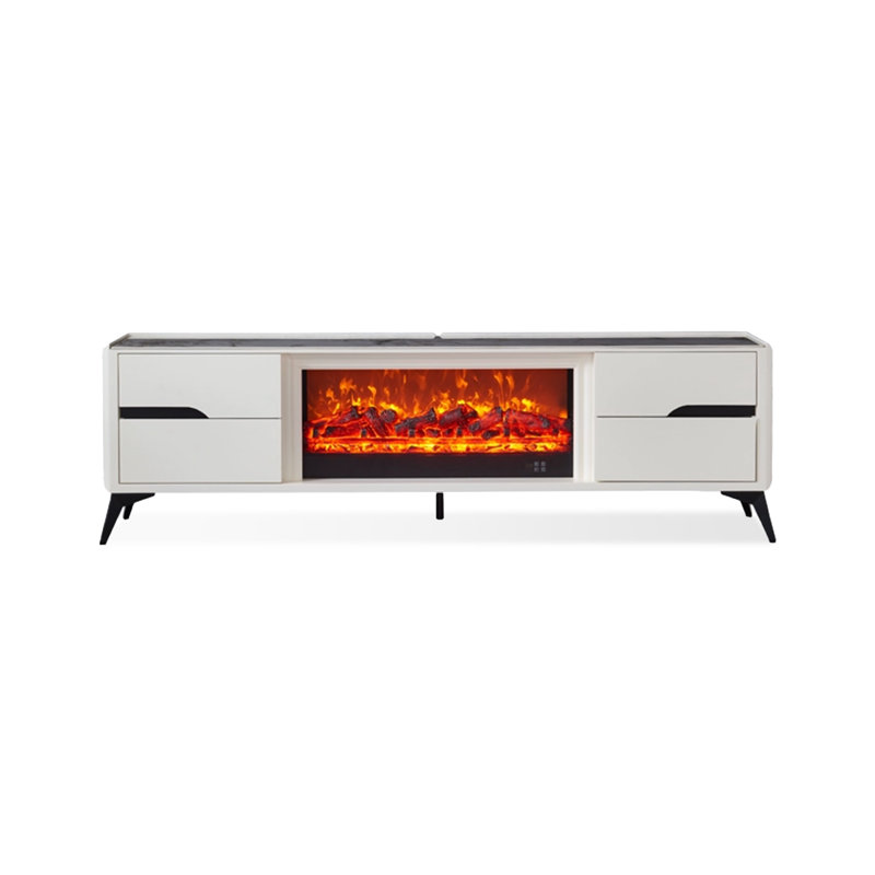 Beige Solid Wood Sintered Stone TV Cabinet Fireplace
