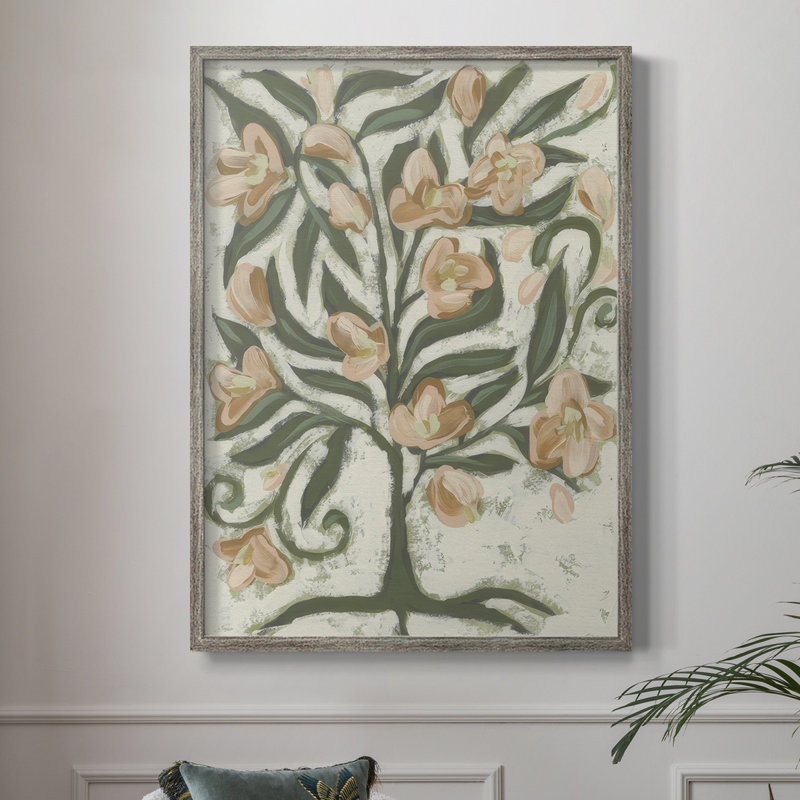 Folk Peach Blossoms II Framed Print - Solid Wood, 11" H x 9" W