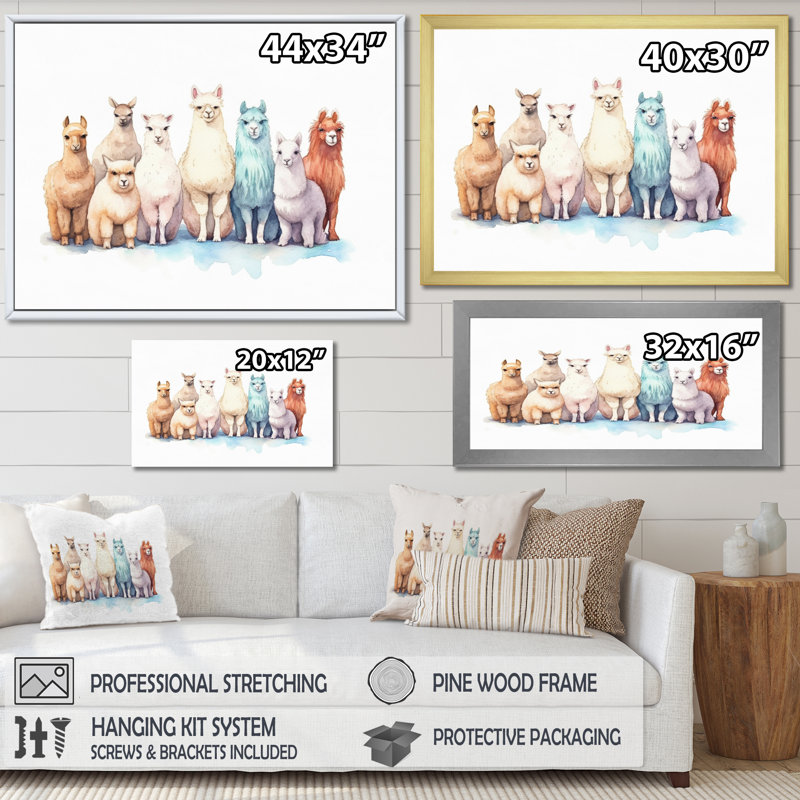 «Herd of Colorful Alpacas I», reproduction sur toile, Cadre flottant doré, H 12 po x l 20 po x P 1 po