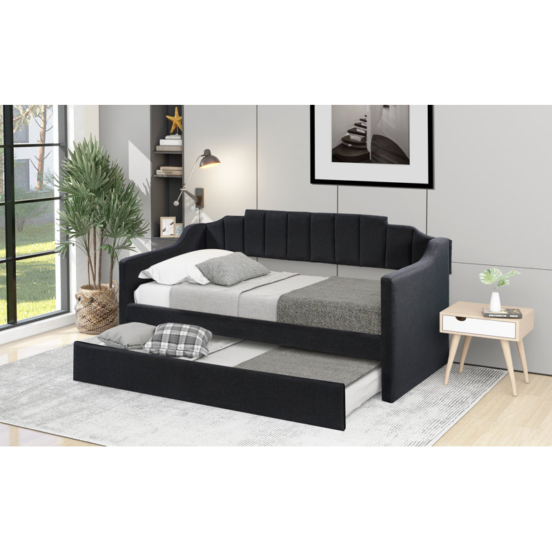  Upholstered Twin Daybed with Pull-Out Trundle Bed Frame, Guest-Ready Sleeper, Black