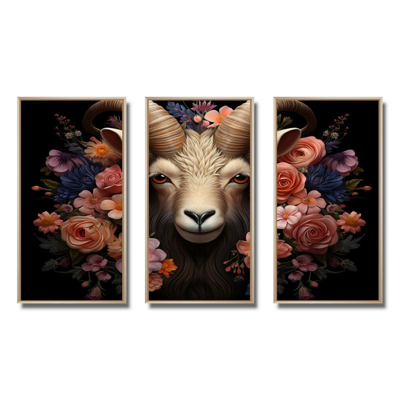 Portrait de chèvre rose et mauve, H 40 po x l 60 po, Cadre flottant brun