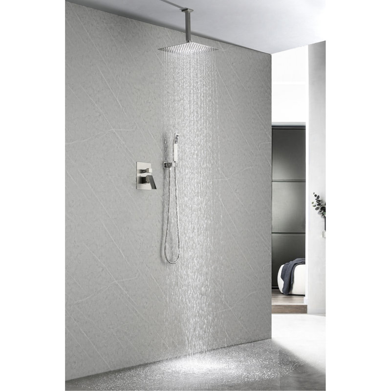Pomme de douche murale 12 po, nickel brossé, laiton, profondeur 58,52 po, largeur 12,3 po, hauteur 61,69 po, 9,88 lb