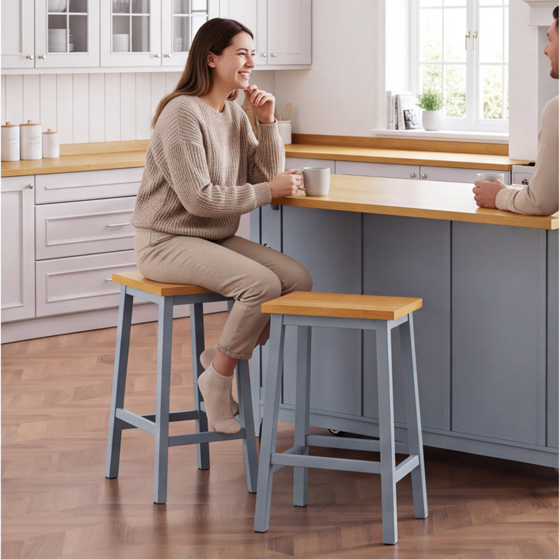 Ensemble de 2 tabourets de bar en bois massif K&K, hauteur de 25,6 po, hauteur de comptoir avec repose-pieds, gris bleu