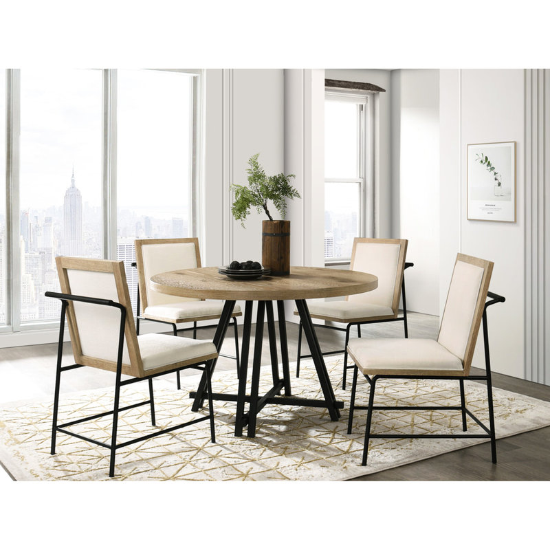 Salle à manger ronde de 119 cm (47 po) avec des chaises rembourrées de couleur crème, des pieds en métal, de style industriel et rustique
