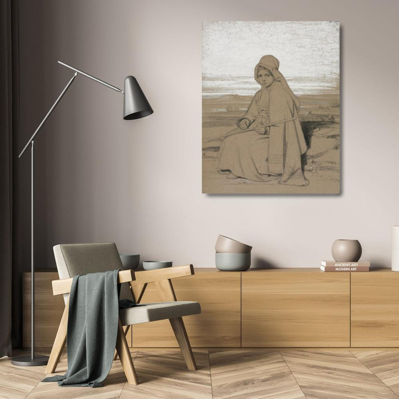 "Une bergère assise" par Jules Dupré - Toile tendue avec châssis, H 24 po x l 17 po