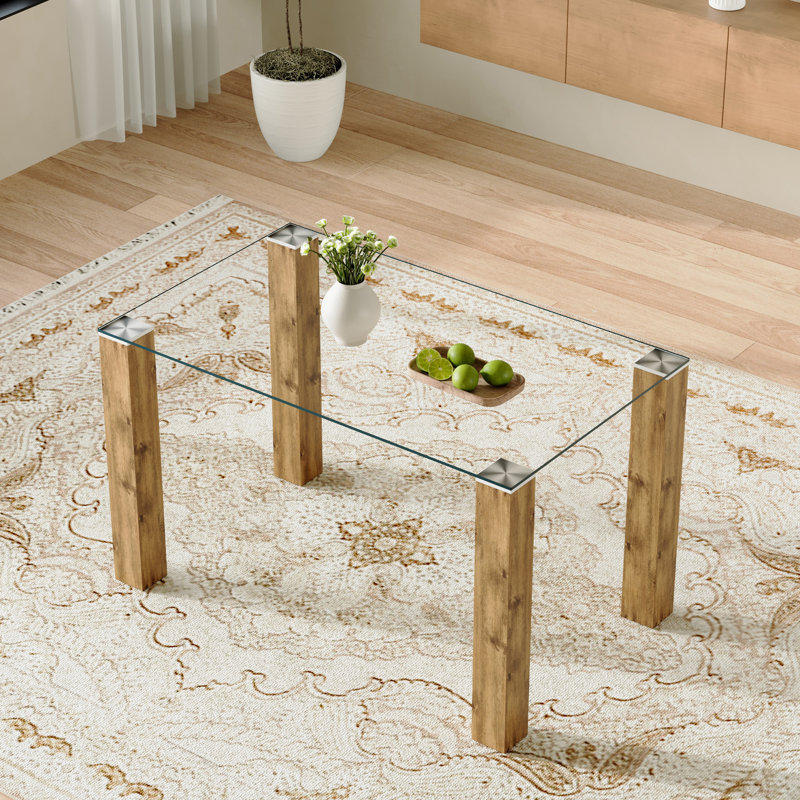 A 49.6”×30” Transparent Tempered Glass Dining Table With Rectangular Wood - Color MDF Wood Grain Legs: Blending Simplicity & Quality, Ideal For Diverse Decoration Styles