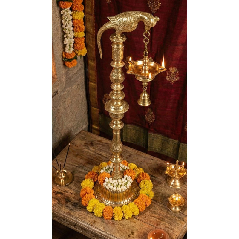 50" Large Handmade Brass Parrot Lamp with Bell – Artistic Multi-Wick Diya for Temple, Luxury Entryway & Spiritual Garden Décor