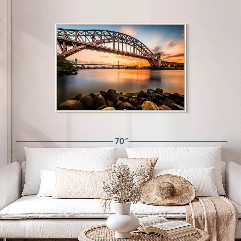 Pont Triboro au coucher du soleil, Cadre flottant blanc, 43 po x 29 po