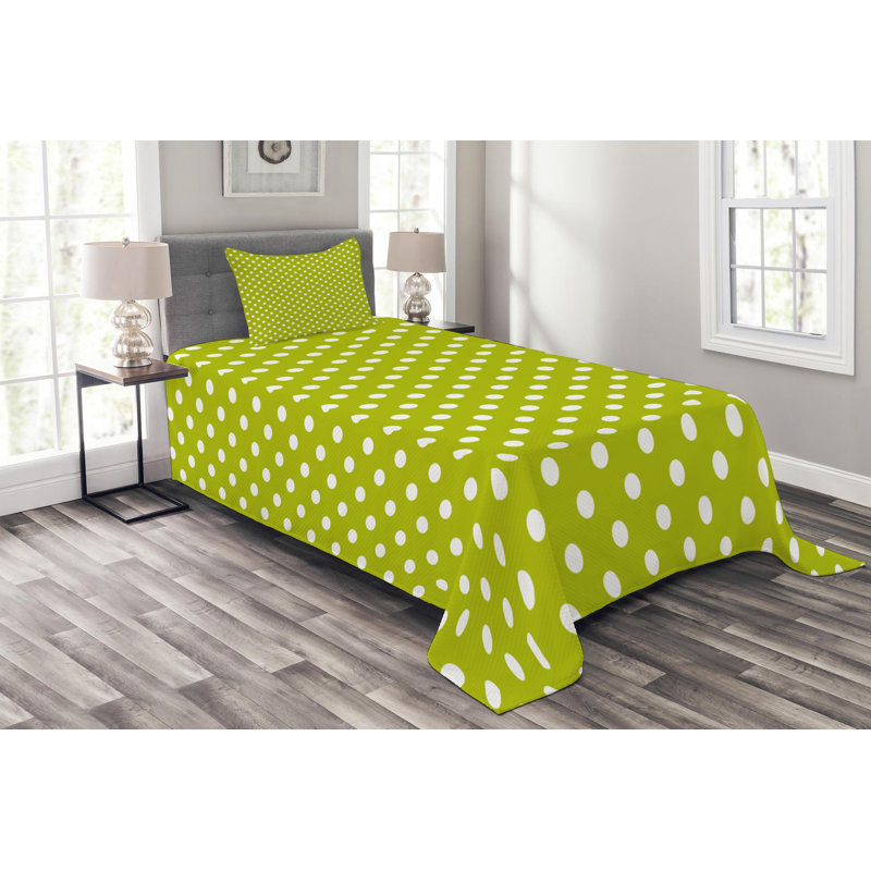 Olive Green and White Polka Dot Twin Bedspread Set